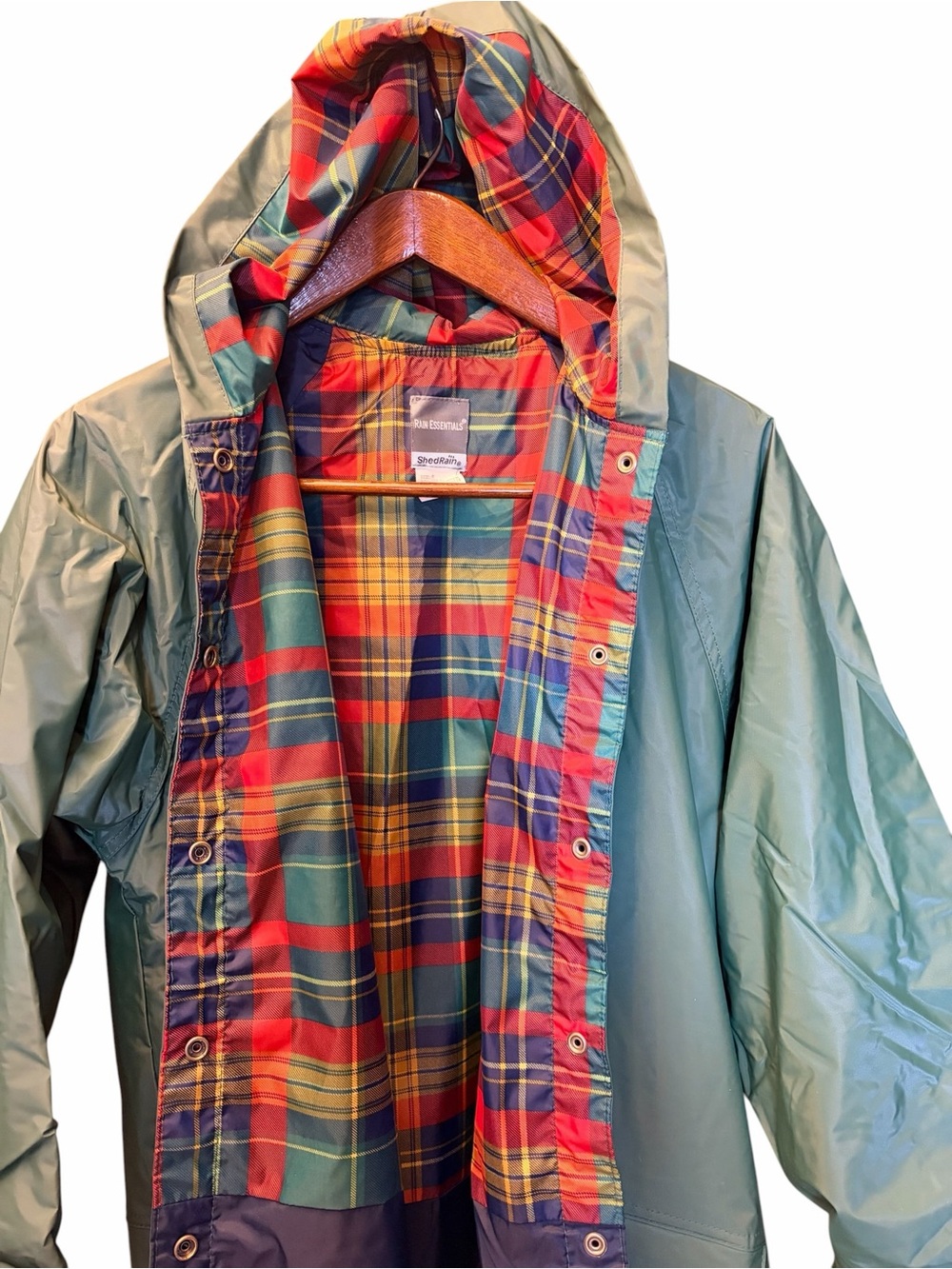 Plaid Rain Coat Hood Pockets Autumn Colors Green Orange Waterproof ShedRain Long